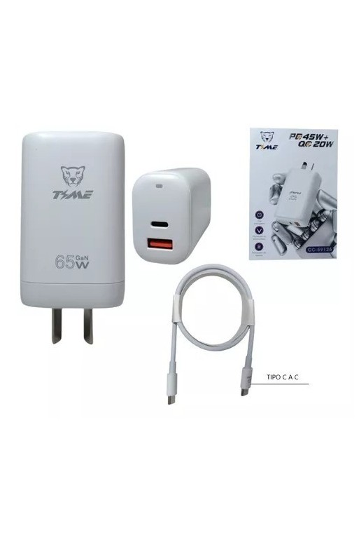 CARGADOR 220V A USB + TIPO C + CABLE TIPO C PD45W+QC20W CC-59126 TIME