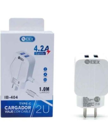 CARGADOR 220V A USB X 2 C/CABLE TIPO C 4.2AMP IB-407 IBEK