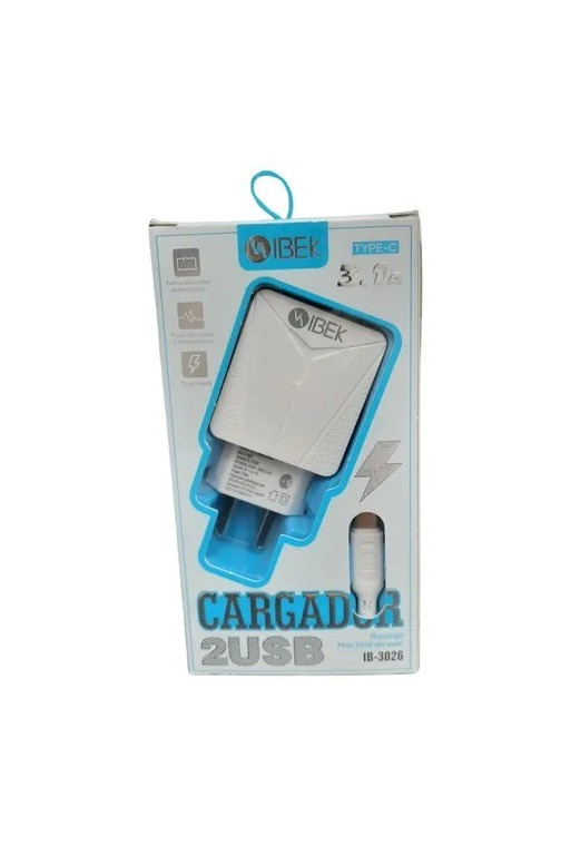 CARGADOR 220V A USB X 2 + CABLE TIPO C 3.1AMP IB-3026 IBEK