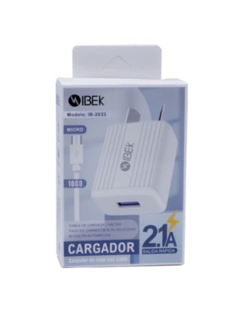 CARGADOR 220V A USB X 1 + CABLE MICRO USB 2.1AMP BLANCO IB-2033 IBEK