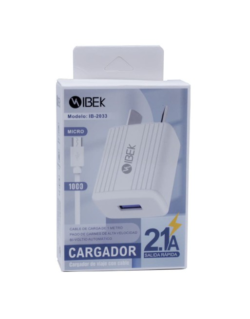 CARGADOR 220V A USB X 1 + CABLE MICRO USB 2.1AMP BLANCO IB-2033 IBEK