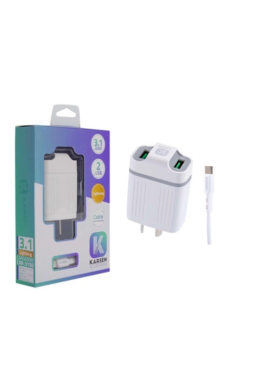 CARGADOR 220V A USB X 2 + CABLE IPHONE 3.1AMP CAR-3150 IBEK