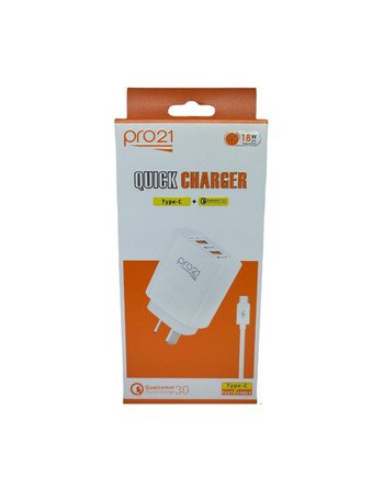 CARGADOR 220V A USB X 2 + CABLE TIPO C QUALCOMM 3.0 QUICK CHARGE 20W PRO21