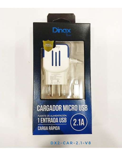 CARGADOR 220V A USB X 1 CON CABLE 2.1AMP DX2-CAR-2.1-V8 DINAX
