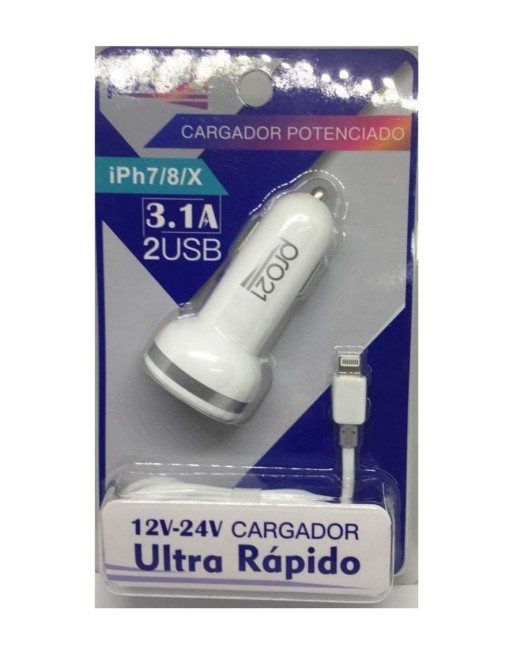 CARGADOR 12V USB X 2 + CABLE IPHONE 3.1AMP CARGA ULTRA RAPIDA PRO21