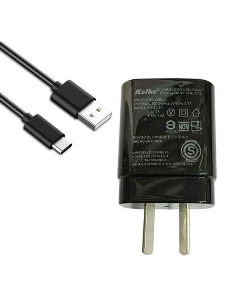 CARGADOR 220V A USB X 1 + CABLE TIPO C QUALCOMM3 18W NEGRO USBQC3 KOLKE