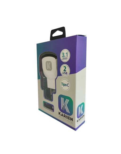 CARGADOR 220V A USB X 2 C/CABLE TIPO C USB 3.1AMP 5869 KARSEN