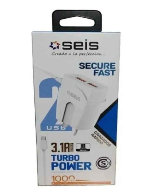 CARGADOR 220V A USB X 2 C/CABLE MICRO USB 4.2AMP TURBO POWER SECURE FAST AF216023 SEIS