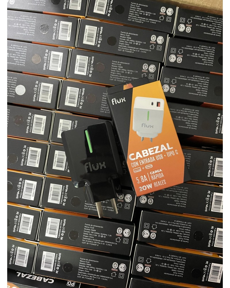 CARGADOR 220V A USB Y USB TIPO C 5.8AMP 20W CABEZAL FLUX