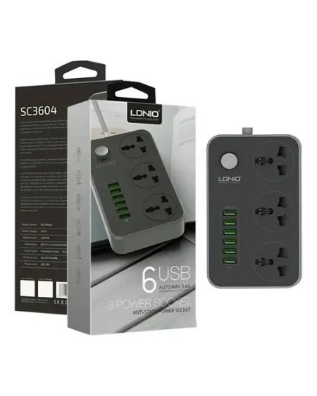 ZAPATILLA 3 TOMAS + 6 USB 2500W 2MTS ANTI STATIC SC3604 EC101058 LDNIO