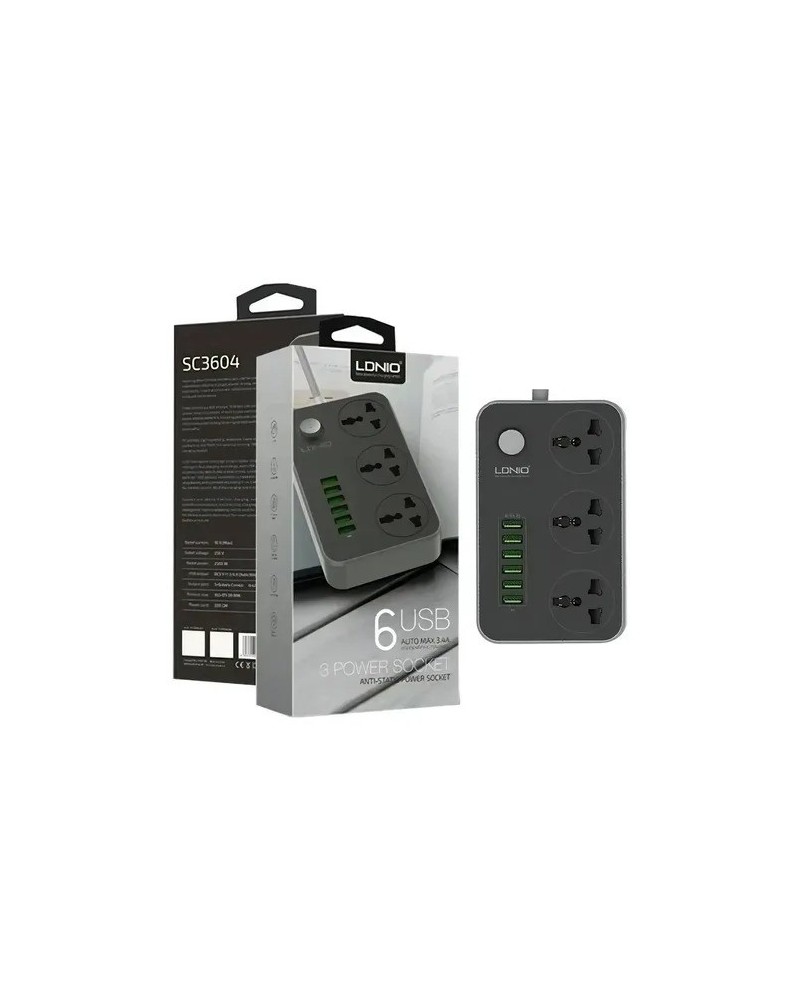 ZAPATILLA 3 TOMAS + 6 USB 2500W 2MTS ANTI STATIC SC3604 EC101058 LDNIO