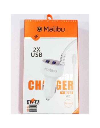 CARGADOR 12V A USB X 2 C/CABLE MICRO USB 4.2AMP BLANCO M203 MALIBU
