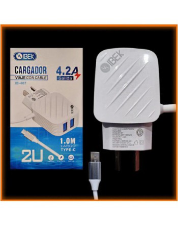 CARGADOR 220V A USB X 2 C/CABLE TIPO C 4.2AMP COLORES IB-4007 IBEK