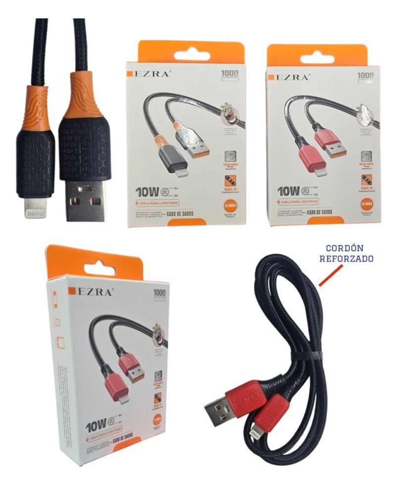 CABLE USB IPHONE 1MTS 10W NEGRO Y PLATEADO EZ-W69 EZRA