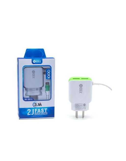 CARGADOR 220V A USB X 2 C/CABLE MICRO USB 3.1AMP IB-3013 IBEK