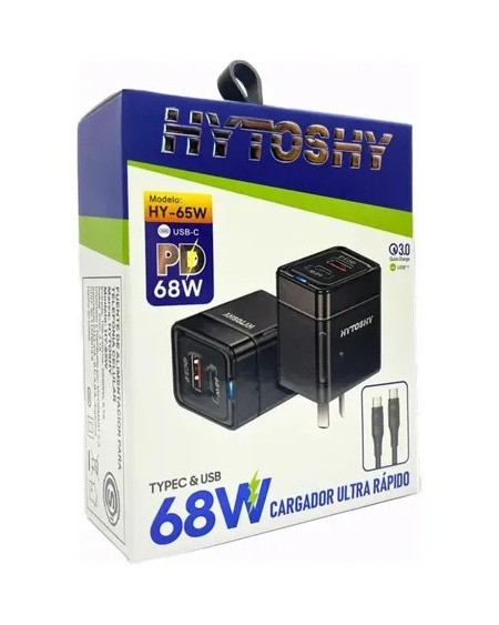 CARGADOR 220V A USB + TIPO C + CABLE TIPO C M/M 68W HY-65W HYTOSHY