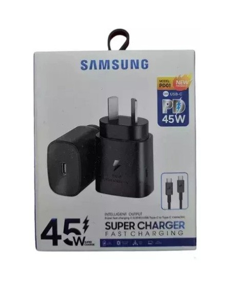 CARGADOR 220V A USB + TIPO C + CABLE TIPO C M/M 45W PD01 SAMSUNG