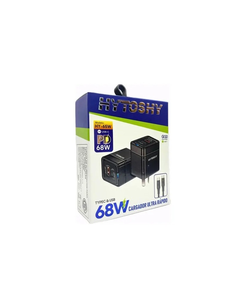 CARGADOR 220V A USB + TIPO C + CABLE TIPO C M/M 68W HY-65W HYTOSHY