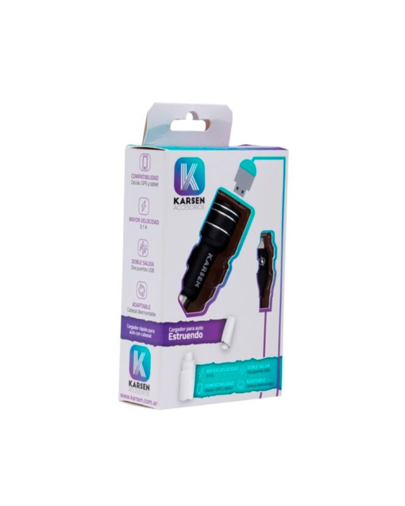 CARGADOR 12V A USB X 2 + CABLE TIPO C 3.1AMP ESTRUENDO 1083 KARSEN