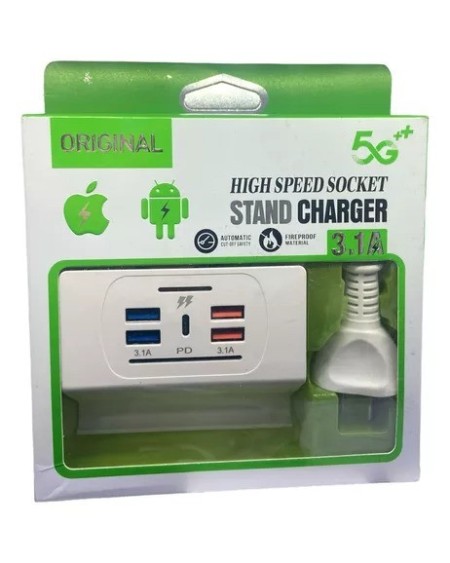 ZAPATILLA CARGADOR 4 USB 3.1AMP + USB TIPO C STAND
