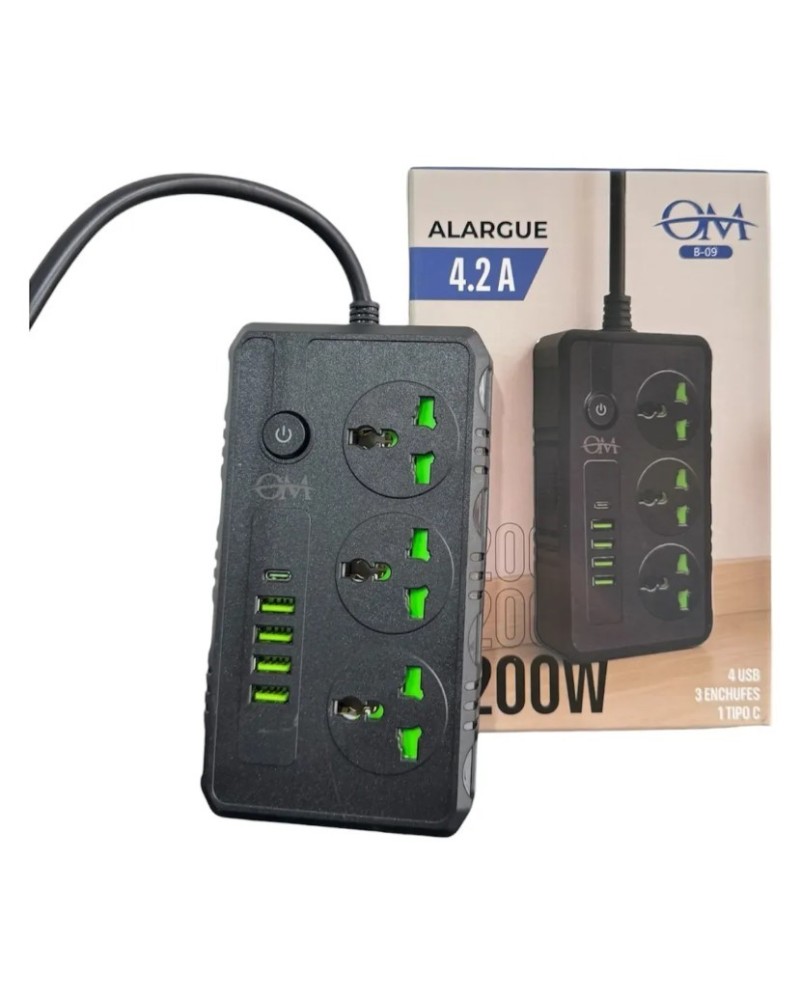 ZAPATILLA 3 TOMAS + 3 USB + 1 TIPO C 4.2AMP 2200W T-19 OM