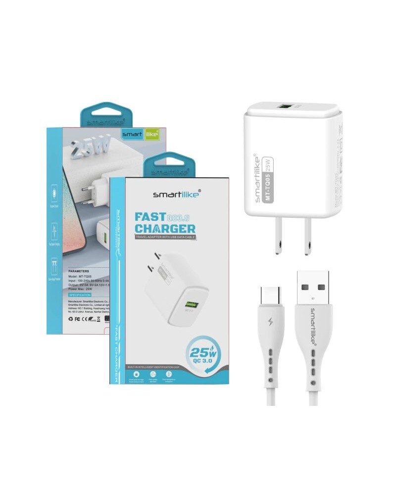 CARGADOR 220V A USB + CABLE TIPO C 3AMP FAST CHARGER SMARTILIKE