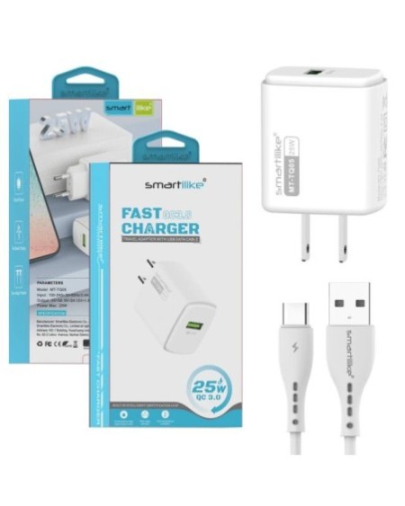 CARGADOR 220V TIPO C + CABLE TIPO C 25W FAST CHARGER SMARTILIKE