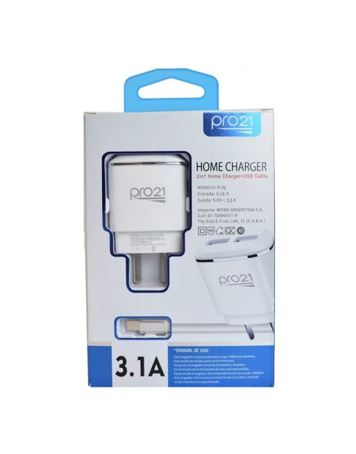 CARGADOR 220V 2 EN 1 MICRO USB 3.1AMP PRO21
