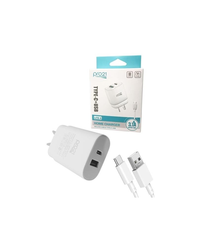 CARGADOR 220V A USB X 2 + CABLE TIPO C 3.1AMP LITE HOME CHARGER PRO21
