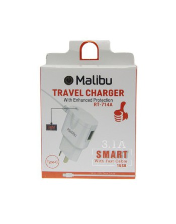 CARGADOR 220V A USB TIPO C + USB 3.1AMP BLANCO RT-714A MALIBU
