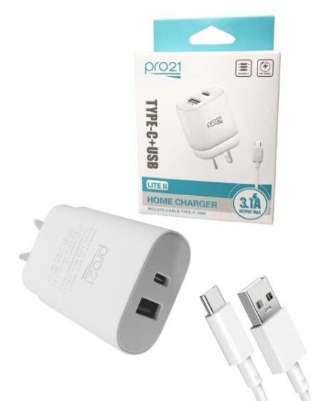 CARGADOR 220V A USB X 2 + CABLE TIPO C 3.1AMP LITE HOME CHARGER LITE II PRO21