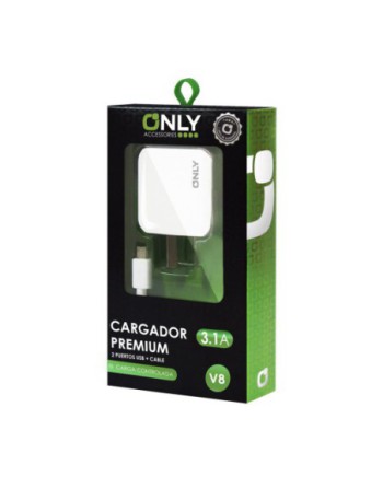 CARGADOR 220V A 2 USB + CABLE V8 BLANCO OKEY