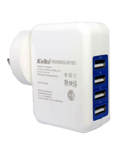CARGADOR 220V A USB X 4 3AMP BLANCO Y NEGRO 4USB5V3A KOLKE