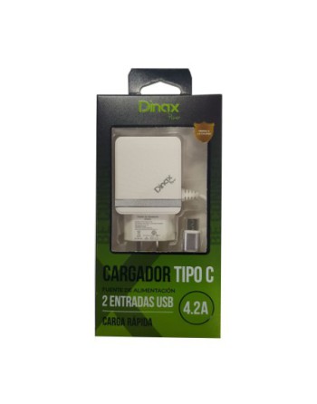 CARGADOR 220V A USB X 2 C/CABLE TIPO C 4.2AMP DX1-CAR-4.2-TC DINAX