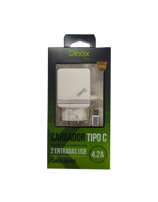 CARGADOR 220V A USB X 2 C/CABLE TIPO C 4.2AMP DX1-CAR-4.2-TC DINAX