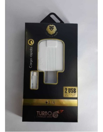 CARGADOR 220V A USB X 2 BLANCO 3.1AMP TURBO LION