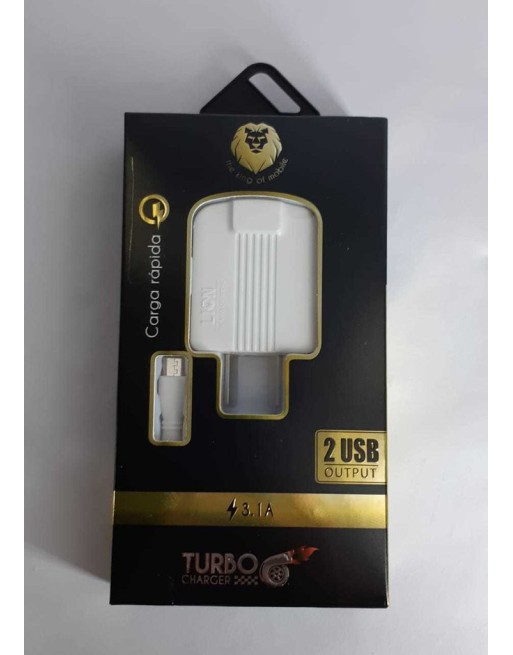 CARGADOR 220V A USB X 2 BLANCO 3.1AMP TURBO LION