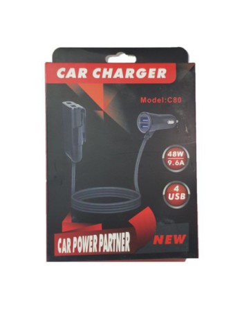 CARGADOR 12V A USB X 4 NEGRO 1.8MTS 48W C80