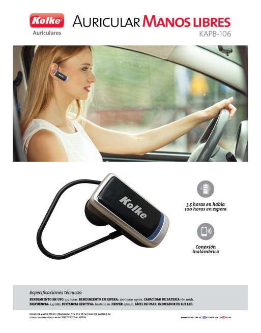 MANOS LIBRES BLUETOOTH MONO KPB-106 KOLKE