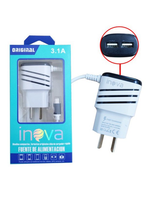 CARGADOR 220V A USB X 2 C/CABLE TIPO C 3.1AMP CAR-3100C INOVA
