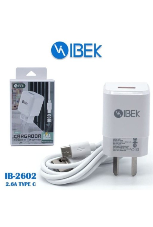 CARGADOR 220V A USB X 1 + CABLE TIPO C 2.6AMP IB-2602 IBEK