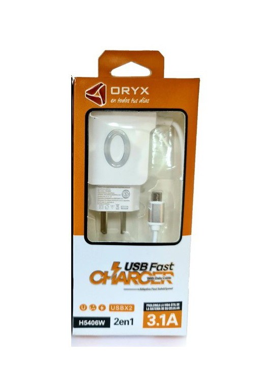 CARGADOR 220V A USB X 2 C/CABLE MICRO USB 3.1AMP H2205W ORYX