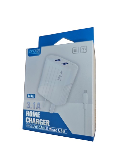 CARGADOR 220V A USB X 2 + CABLE MICRO USB 3.1AMP P-31 PRO21