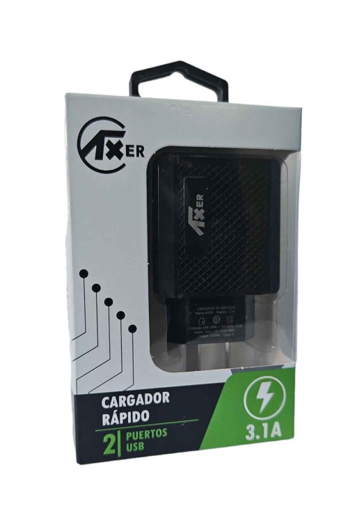 CARGADOR 220V CABEZAL 3.1AMP  USB X 2 NEGRO AXER