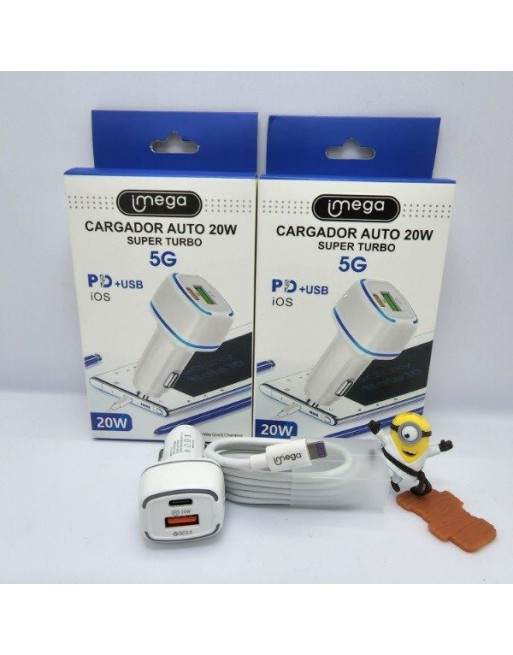 CARGADOR 12V A USB + TIPO C + CABLE TIPO C A IPHON 20W CARGA SUPER TURBO CQ3 5G MG2033 IMEGA