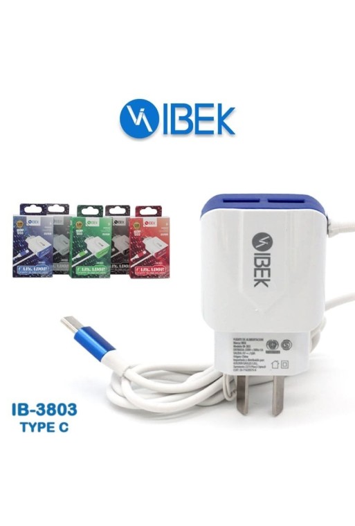 CARGADOR 220V A USB X 2 C/CABLE TIPO C 3.8AMP IB-3803 IBEK
