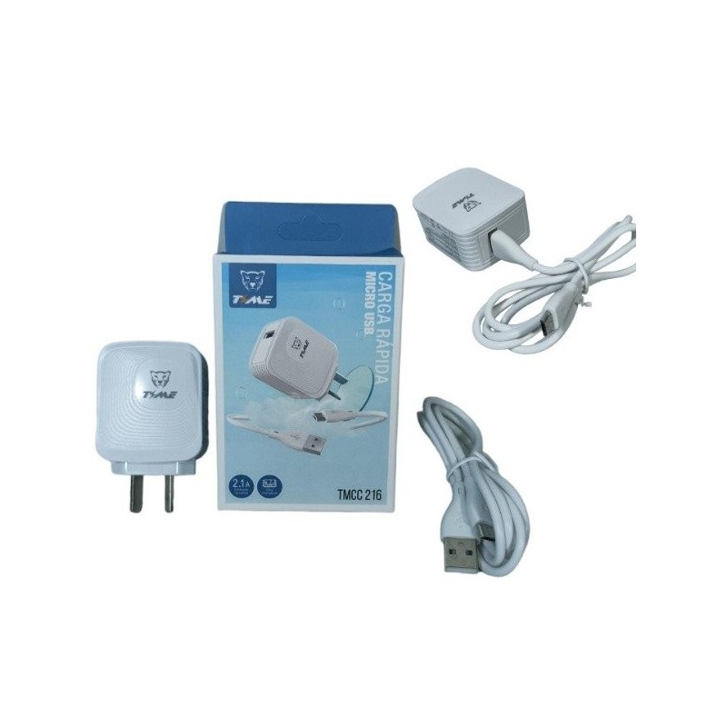 CARGADOR 220V A USB X 1 + CABLE MICRO USB 2.1AMP BLANCO TMCC216 TIME