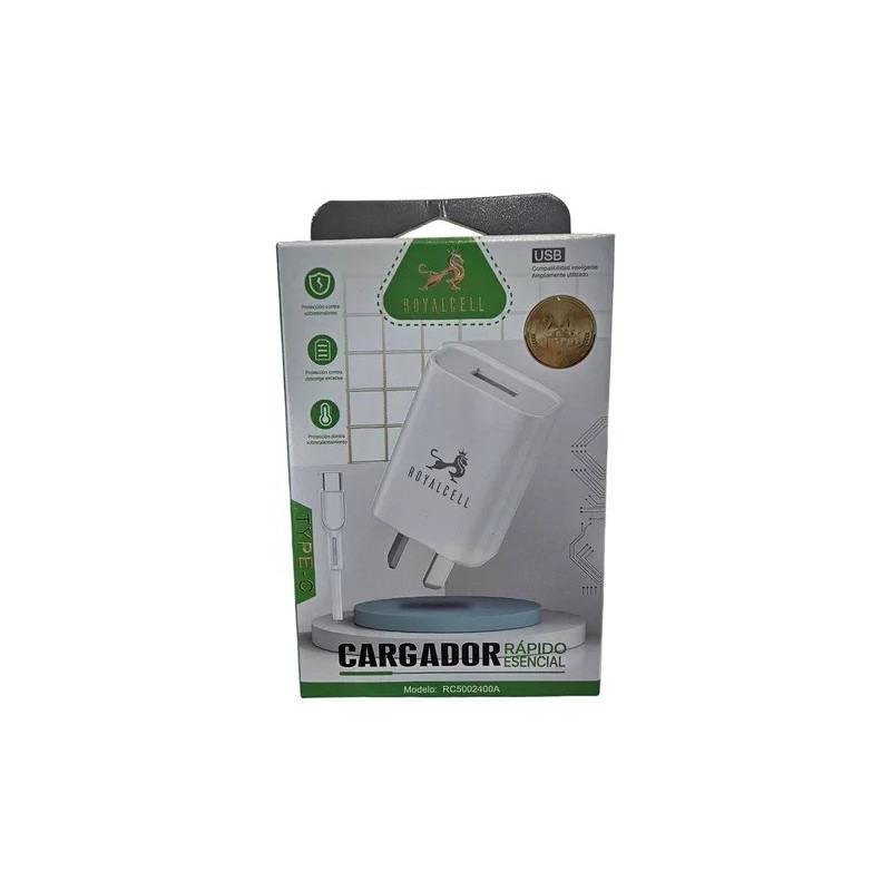 CARGADOR 220V A USB + CABLE TIPO C CARGA RAPIDA RC5002400A ROYALCELL