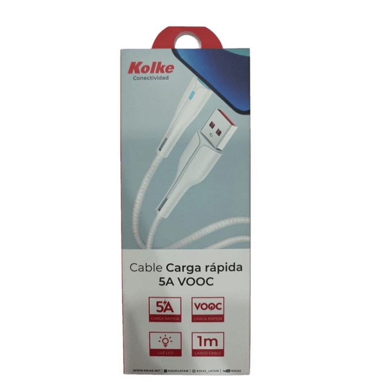 CABLE USB TIPO C 5AMP 1MTS CON LED CARGA RAPIDA VOOC M18 KCC-8553 KOLKE