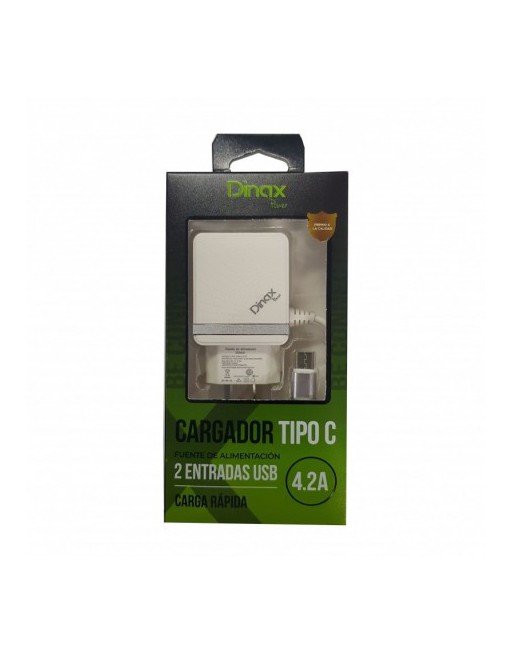 CARGADOR 220V A USB X 2 C/CABLE TIPO C 4.2AMP CARGA RAPIDA DX1-CAR-4.2-TC DINAX
